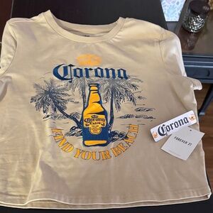 Corona women’s crop top- Tan with Blue and Yellow Graphic